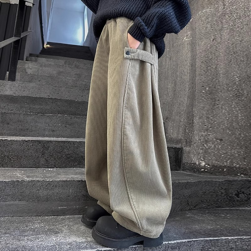 女童加绒裤子秋冬装2025灯芯绒弯刀裤儿童老爹裤潮黑色红色牛仔