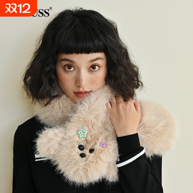 CACUSS可爱小狗围巾女秋冬季保暖围脖毛领护颈2024新款蝴蝶结