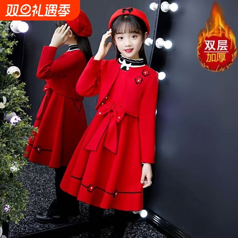 女童秋冬连衣裙2025新款韩版红色毛呢套装儿童公主裙洋气宝宝童装