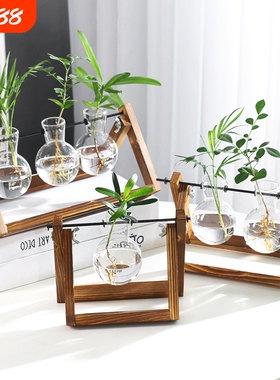创意烧杯水培花瓶办公室桌面摆件木架容器绿萝植物玻璃插花瓶装饰