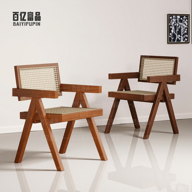 实木椅子家用餐桌椅中古昌迪加尔椅日式民宿休闲扶手椅编藤靠背椅