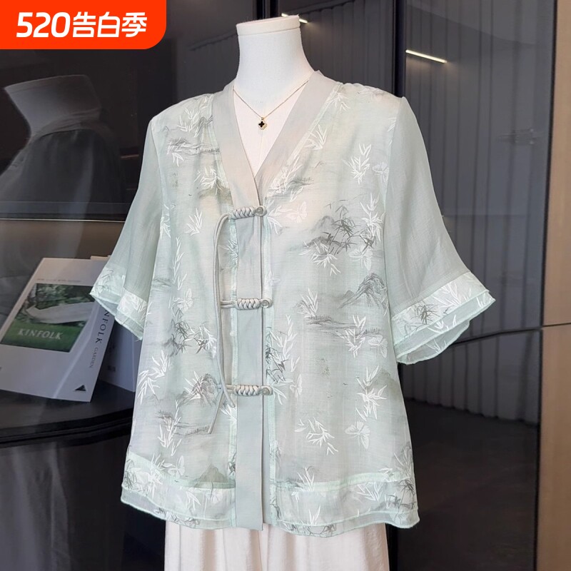 国风妈妈夏装2025短袖中式新款小衫中老年女装时尚雪纺衬衫套装