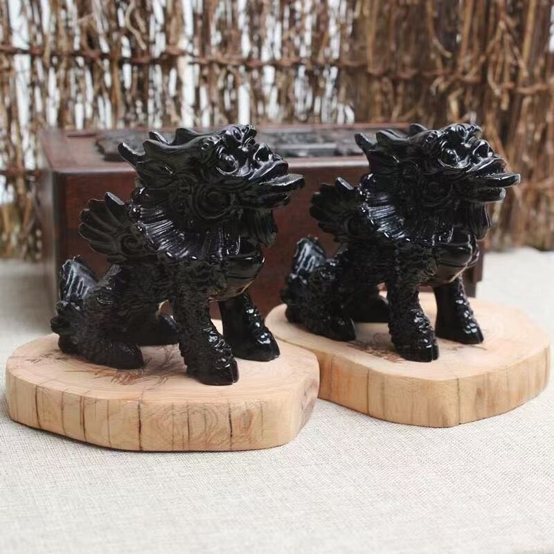 lisv黑曜石骐麟摆件镇宅招财水晶雕刻家居办公风水摆件水晶送礼