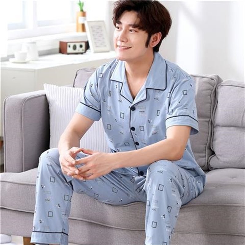 睡衣男士夏季纯棉薄款青年中年大码短袖休闲家居服套装可外穿长裤