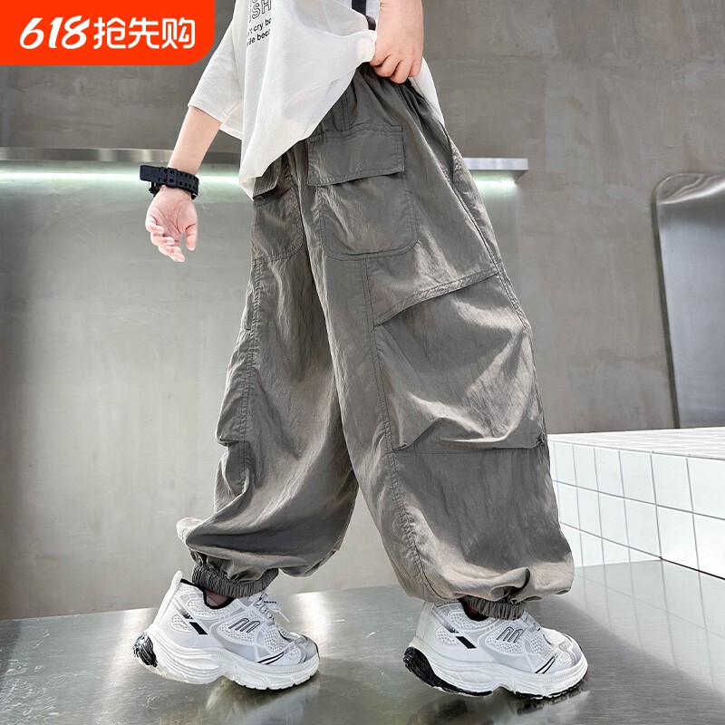 男童夏薄款裤子工装裤2025新款中大童速干防蚊裤炸街痞帅束脚裤子