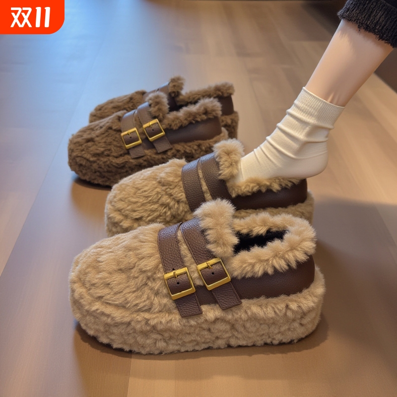 羊羔绒厚底毛毛鞋女秋冬2025新款黑色一脚蹬增高棉鞋高跟平底深口
