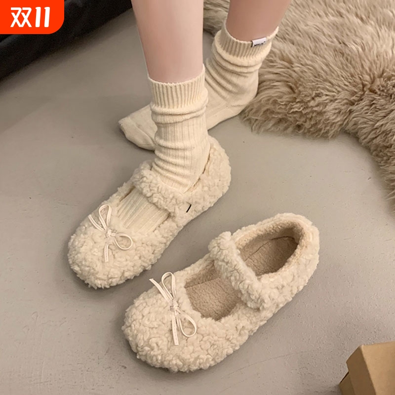 仙女风平底毛毛鞋女外穿2025秋冬新款蝴蝶结加绒保暖豆豆棉鞋瓢鞋