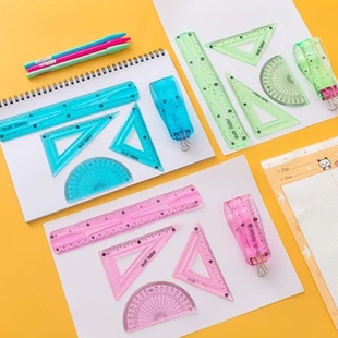 软尺子小学生专用软尺套装 20cm套尺四件套透明软直尺一年级儿童学生文具三角尺格尺量角器折叠多功能