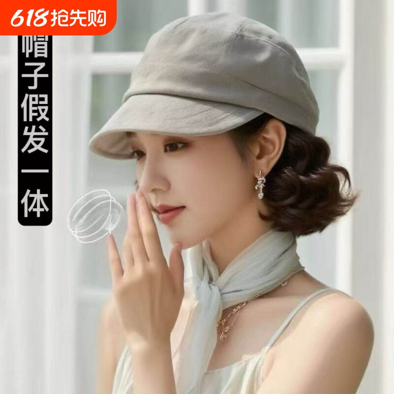 女士化疗后光头帽子假发一体仿真透气遮阳帽带头发的帽子全头套式
