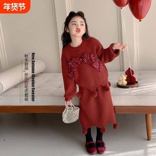 女童红色连衣裙儿童冬装套装裙2026新款拜年服毛衣新年衣服两件套