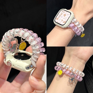 适用iwatch10表带S9苹果S8手表S10小熊弹力电话线Applewatch9华为FIT4腕带高级ultra2女小米手环9pro夏季白色