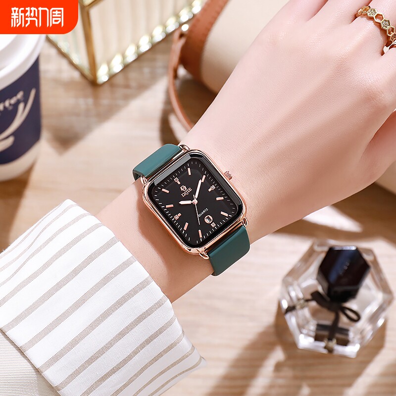 女款手表轻奢方形学生腕表女士小众ins小方表女士表情侣石英绿色