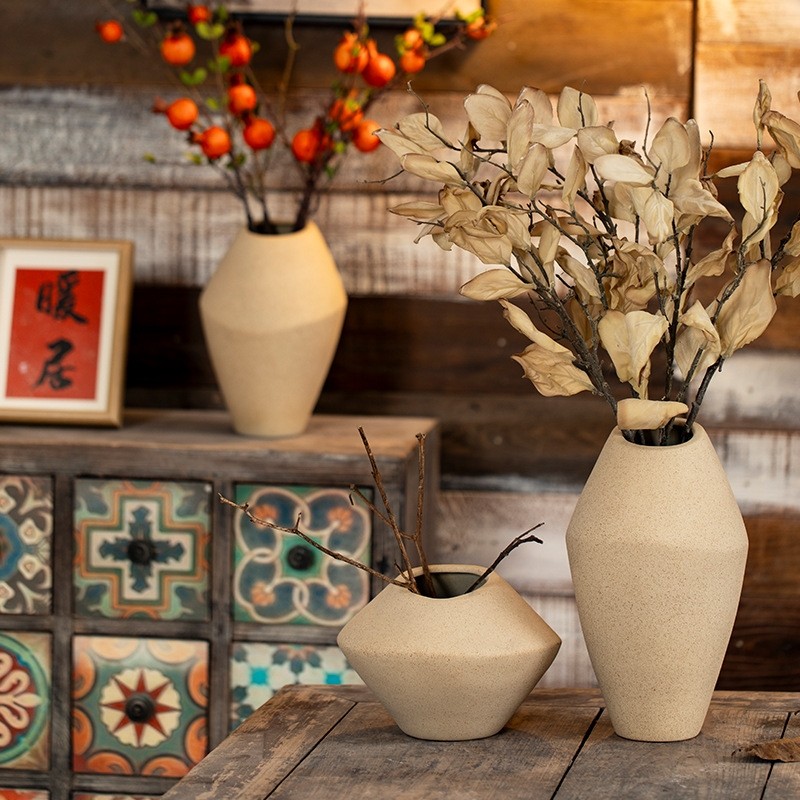 景德镇复古素胚陶瓷花瓶新中式风格家居客厅装饰摆件干花粗陶花器