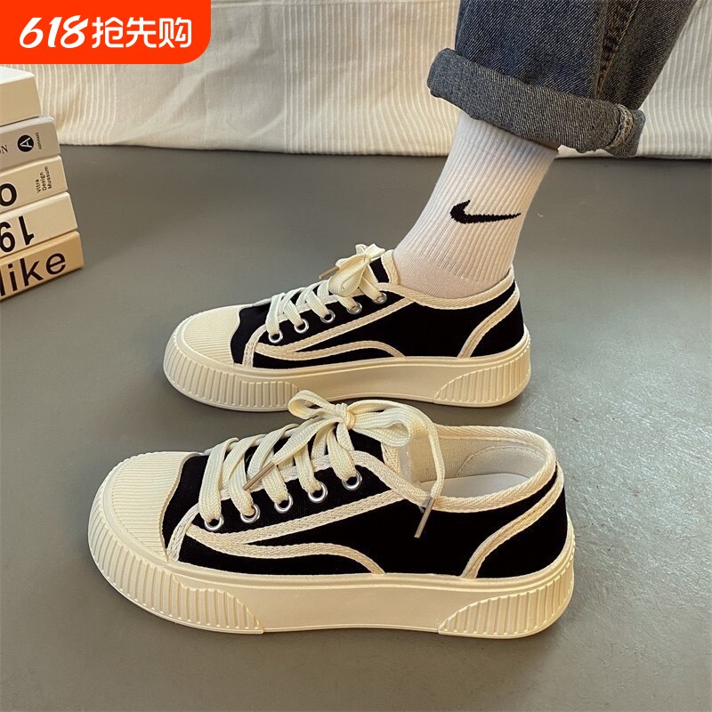 帆布鞋子女2026新款百搭潮春秋款运动休闲厚底透气板鞋运动鞋黑色