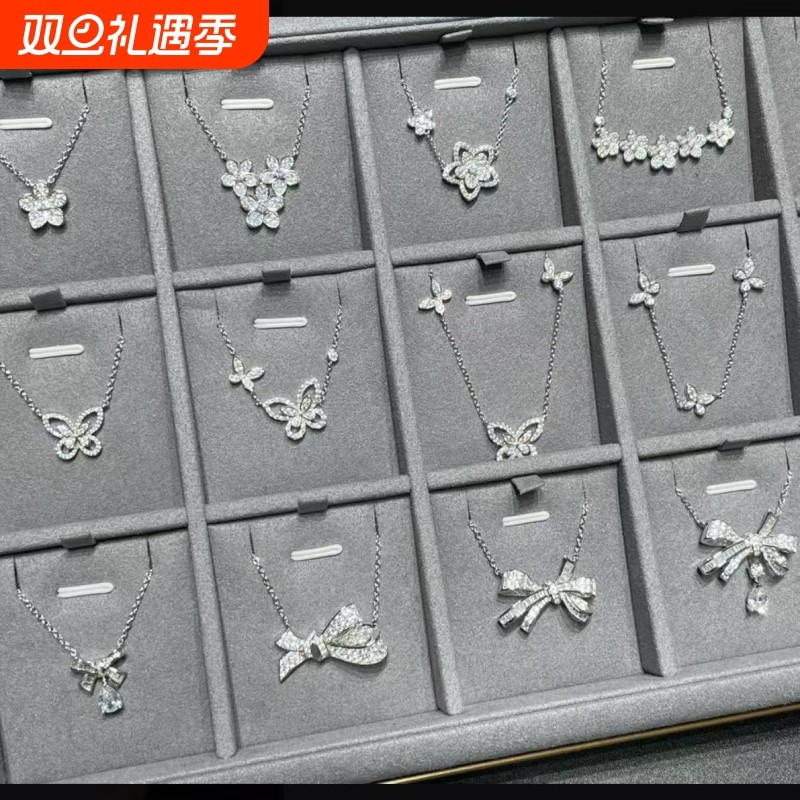 爆闪高定品质幻影满钻两只蝴蝶结项链女仿真钻石S925纯银