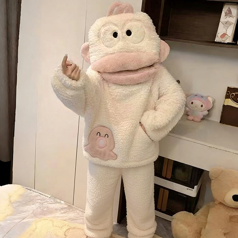 秋冬珊瑚绒连帽加厚丑鱼睡衣套装