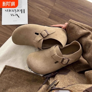 牛皮绒面~软皮勃肯鞋女3cm增高春秋奶奶鞋加绒博肯女款底帮豆豆鞋