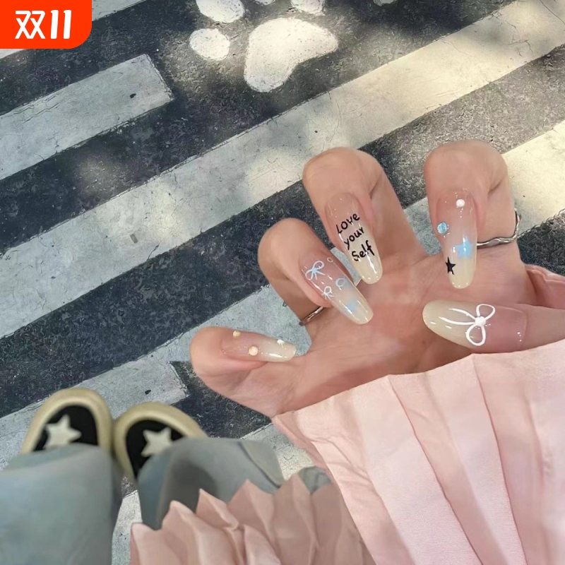 手工穿戴甲甜妹涂鸦蝴蝶结ins风渐变光疗甲可爱少女百搭显白美甲