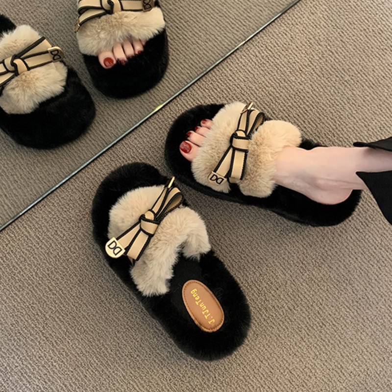 厚底毛毛拖鞋纯色系带保暖