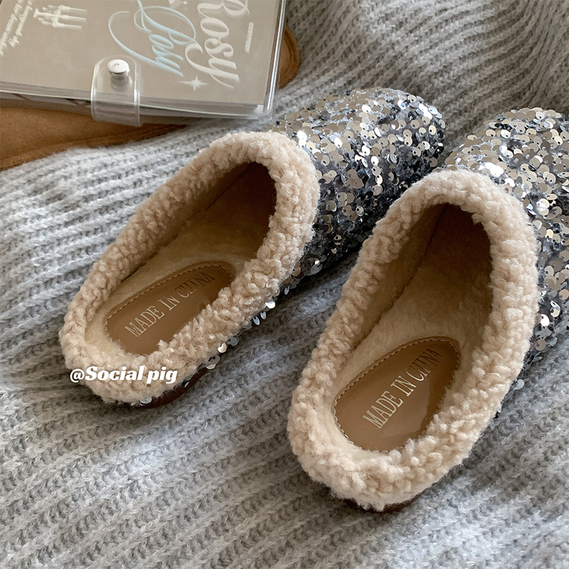 真的美哭了！亮片复古感十足 ！毛毛拖鞋女加绒保暖 平底棉拖鞋