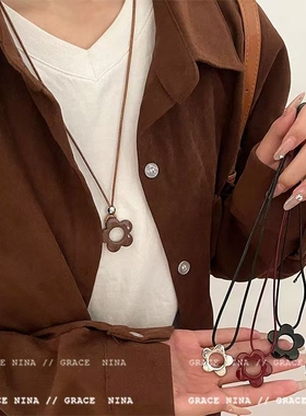 花朝花暮!银色花朵长款黑绳项链女款小众ins挂脖配饰简约毛衣链