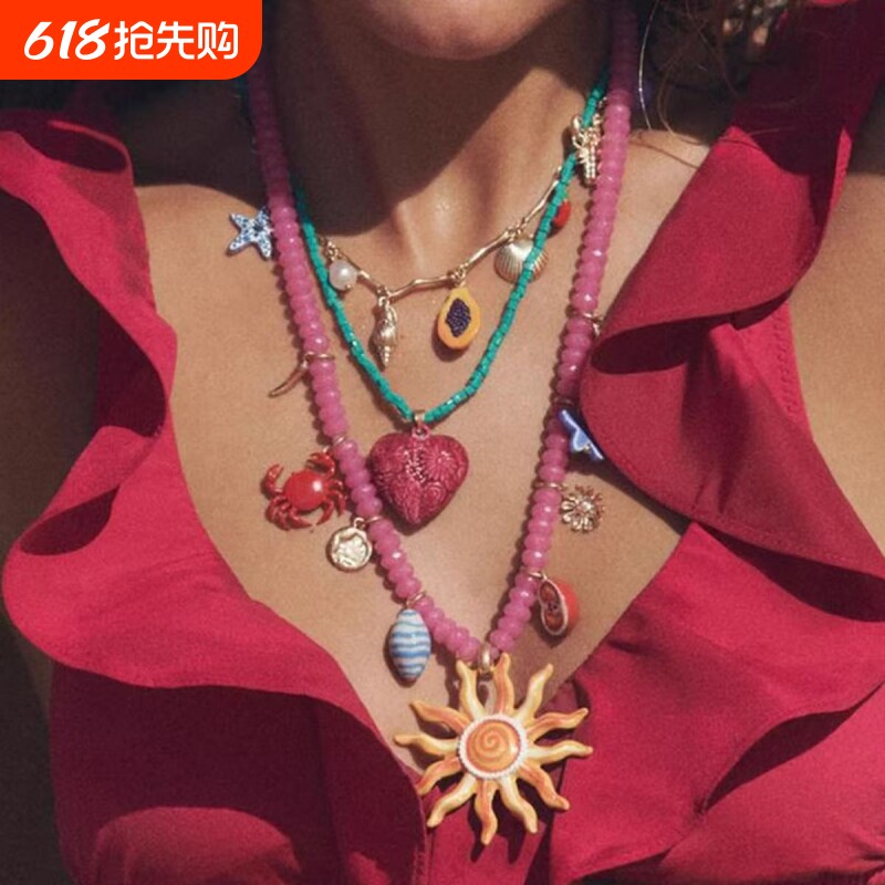 波西米亚海洋风项链度假太阳爱心吊坠手工串珠锁骨链饰品女多巴胺