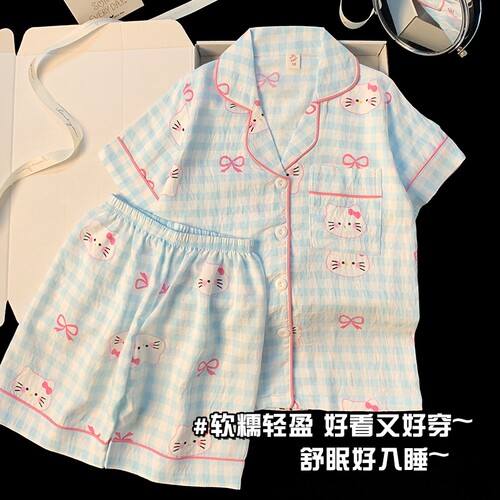 女童夏季云朵棉短袖KT猫睡衣套装