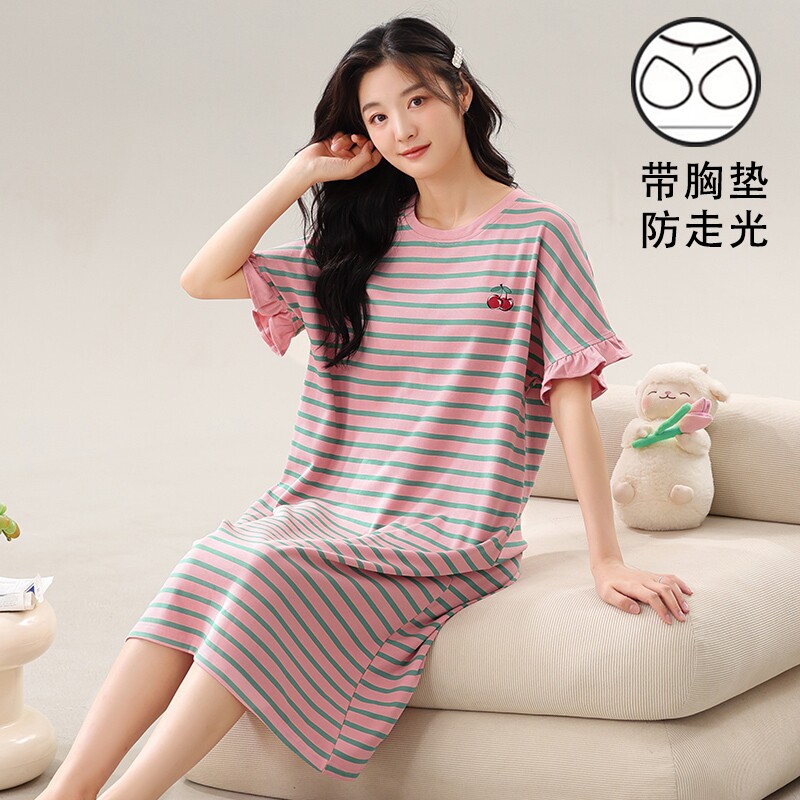 睡裙女夏带胸垫一体式可外穿睡衣短袖长裙夏天大码家居中长款可爱