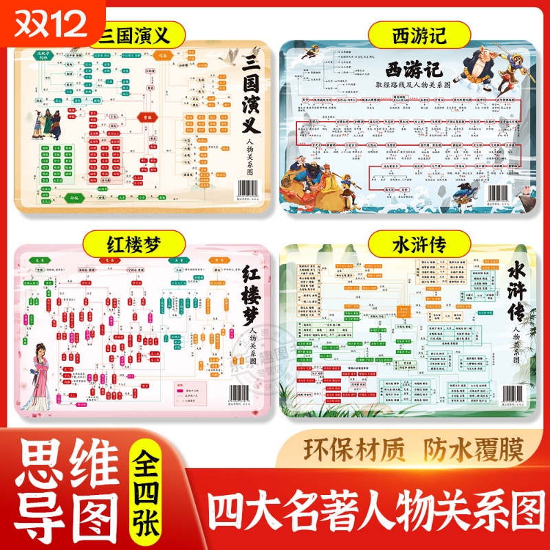 四大名著人物关系图中小学生适用红楼梦三国演义水浒传西游记速查速记垫板国学经典人物关系图四大名著思维导图垫板