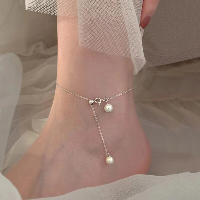 s925银时尚高级感仿珍珠脚链女小众设计足链伸缩可调节流苏脚饰