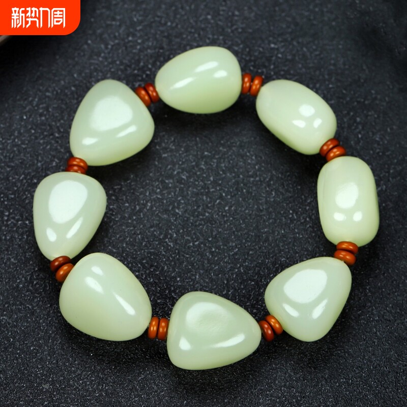 送证书和礼盒新疆和田市天然湖水绿随行方解石玉男士玉石手链手串