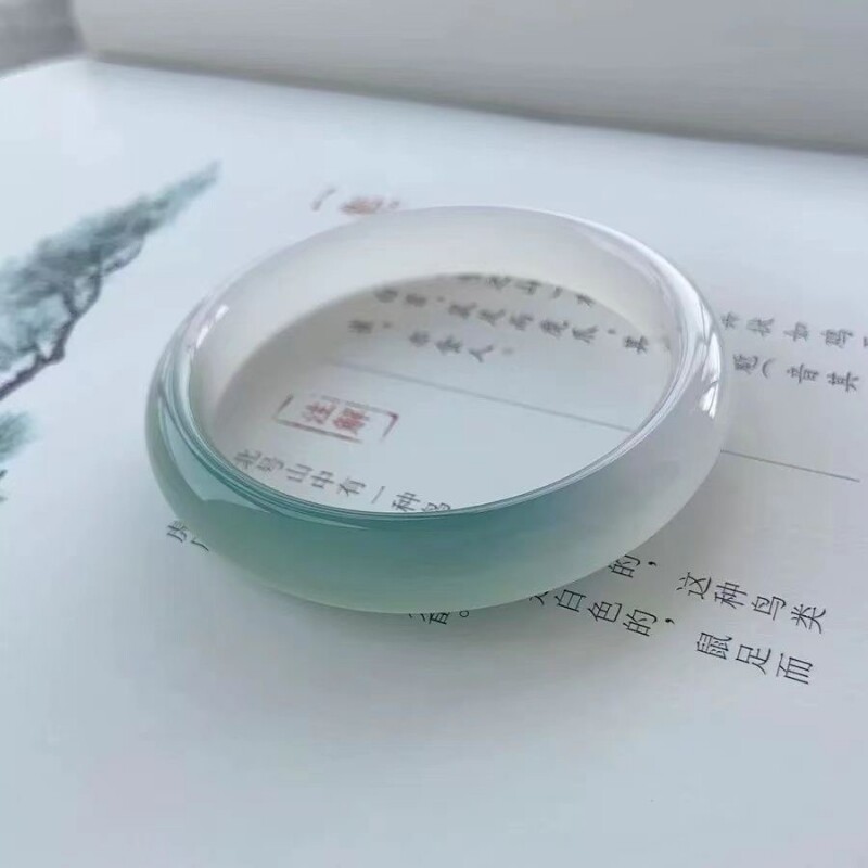 半山半水玛瑙手镯白月光正品高冰油青色玉髓玉镯子女友情人节礼物