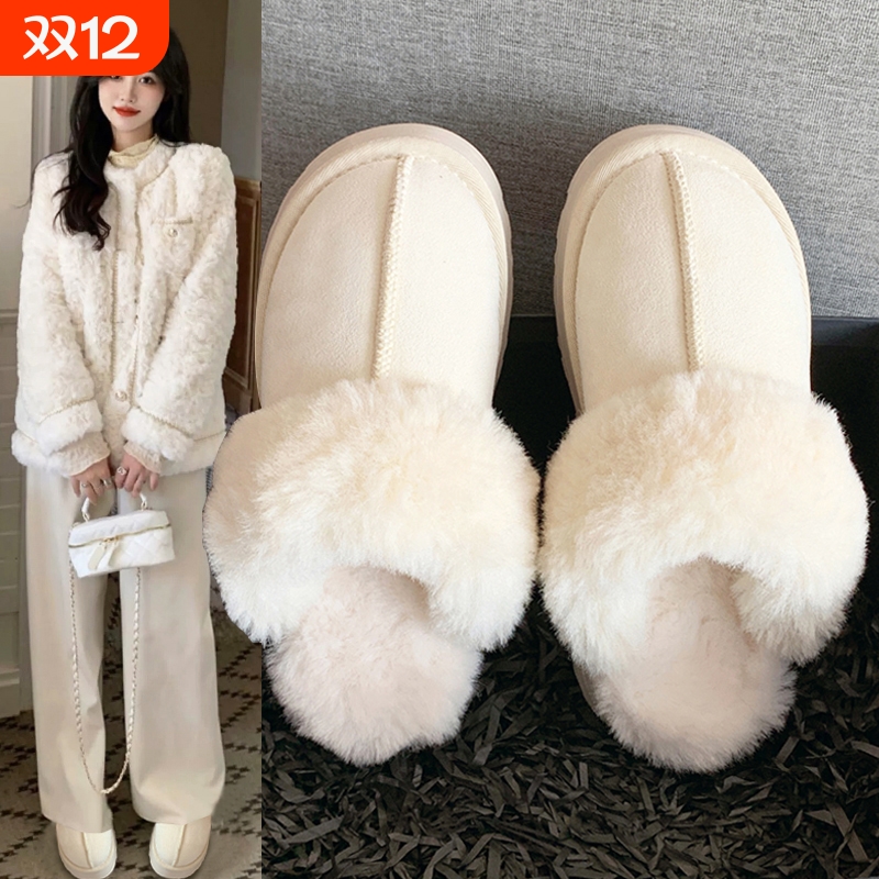 毛毛拖鞋女外穿2025新款冬季加绒棉鞋厚底保暖包头皮毛一体雪地靴
