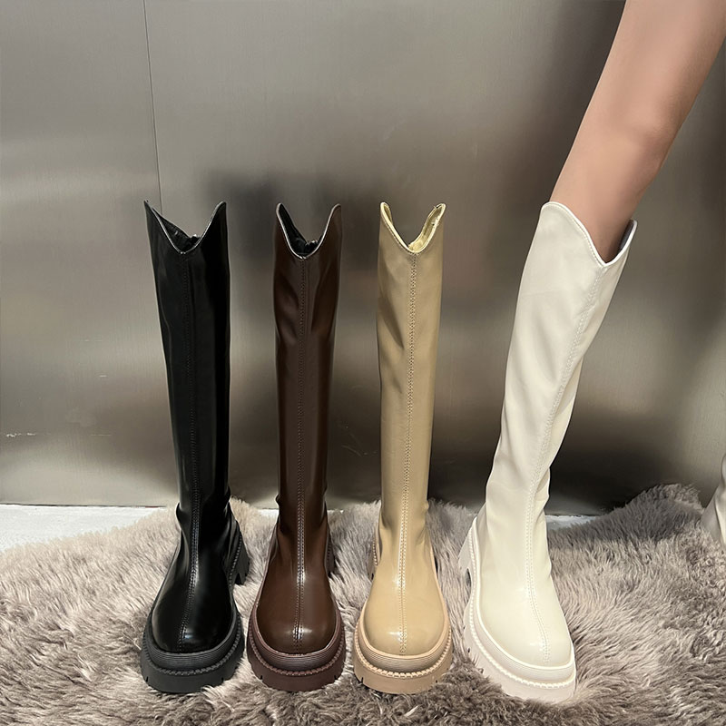 小个子长筒靴女2025年新款秋冬骑士靴V口加绒胖mm粗腿显瘦长靴子