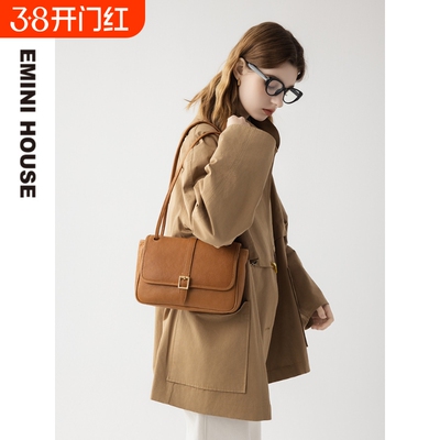 EMINI HOUSE/伊米妮小方包四季通用植鞣皮真皮百搭邮差单肩斜挎包