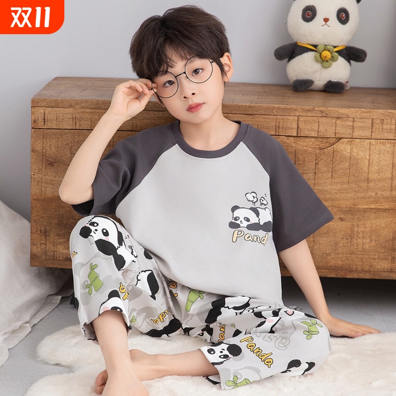 儿童家居服男童短袖长裤纯棉夏季中大童小熊猫宝宝青少年空调服
