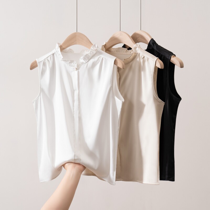 轻奢高级感仿真丝缎面衬衫女无袖夏内搭打底西装背心上衣花边叠穿