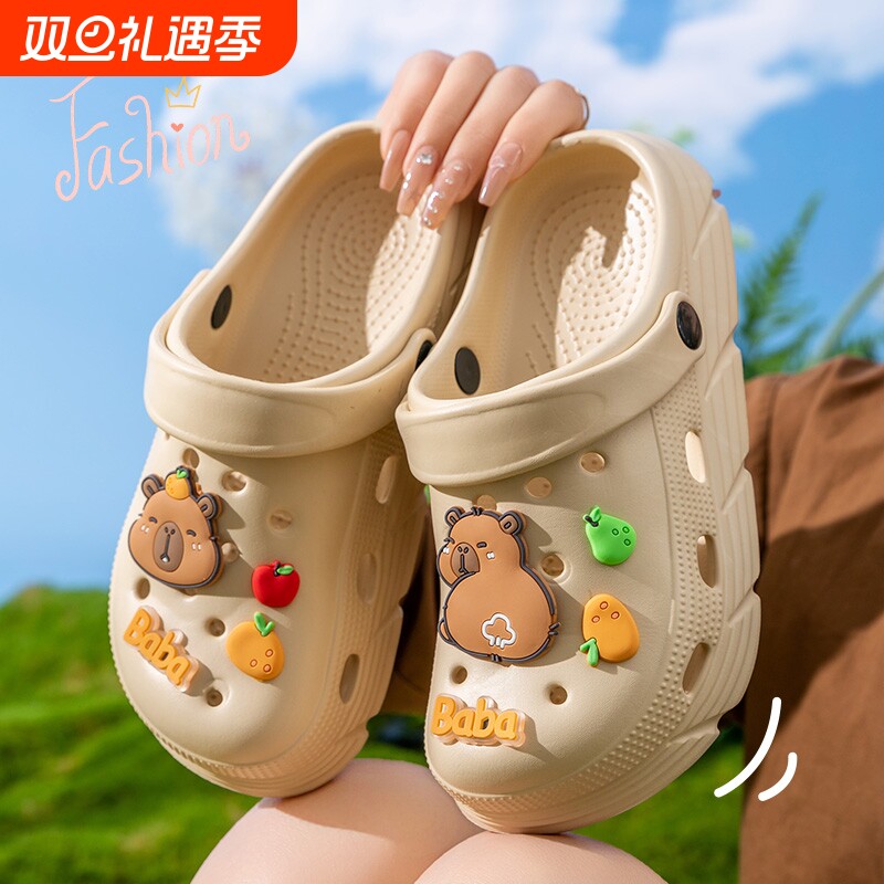 卡皮巴拉儿童厚底洞洞鞋2025新款夏季亲子防滑外穿海边情侣洞洞鞋