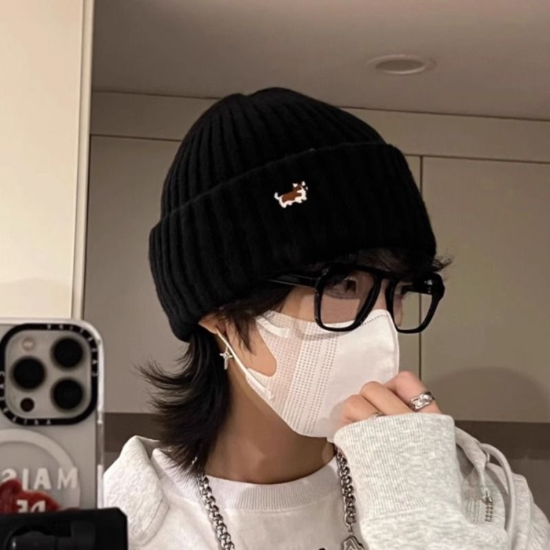 卡通小狗刺绣针织毛线帽男女同款