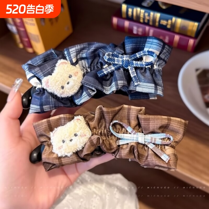 韩系可爱小熊格纹发夹香蕉夹女后脑勺马尾竖夹盘发甜美发卡子发饰