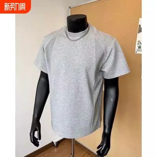 型体恤衫 空气棉正肩短袖 重磅小领口拼接boxy版 美式 黑色 t恤男夏季