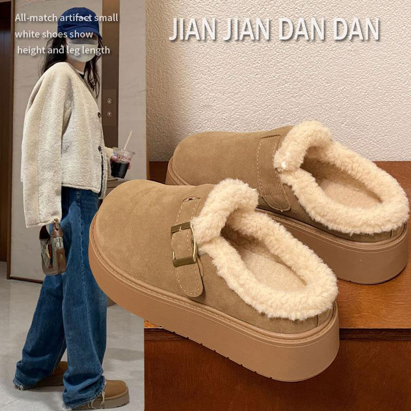 厚底勃肯鞋半拖女外穿2025秋冬季新款加绒增高软底全包毛毛鞋棉鞋