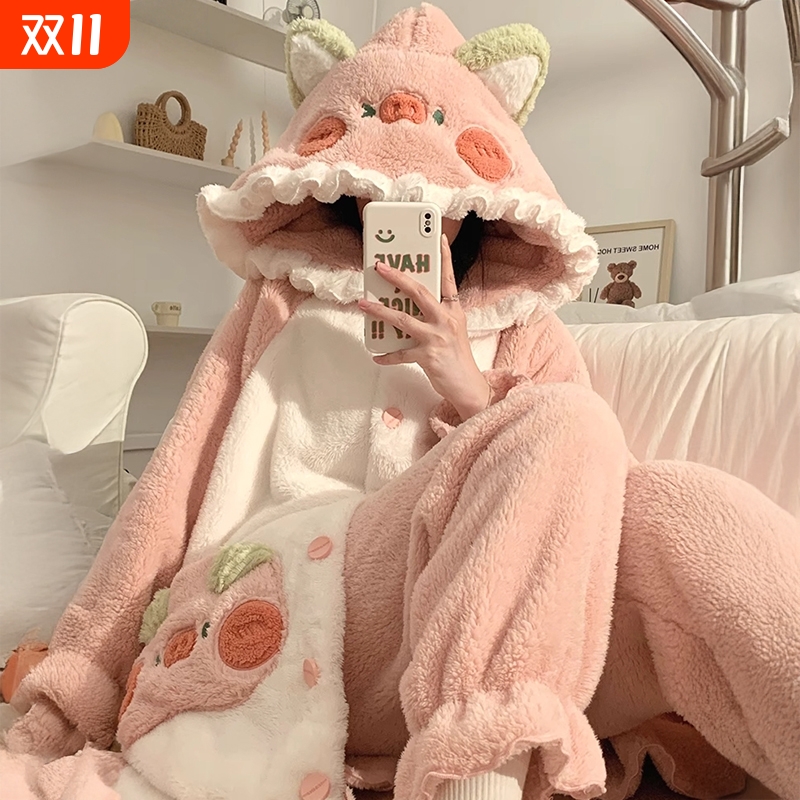 睡衣女款秋冬季珊瑚绒加绒加厚
