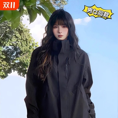 冲锋衣男女款户外连帽运动防风保暖加绒外套抓绒秋冬内胆夹克黑色