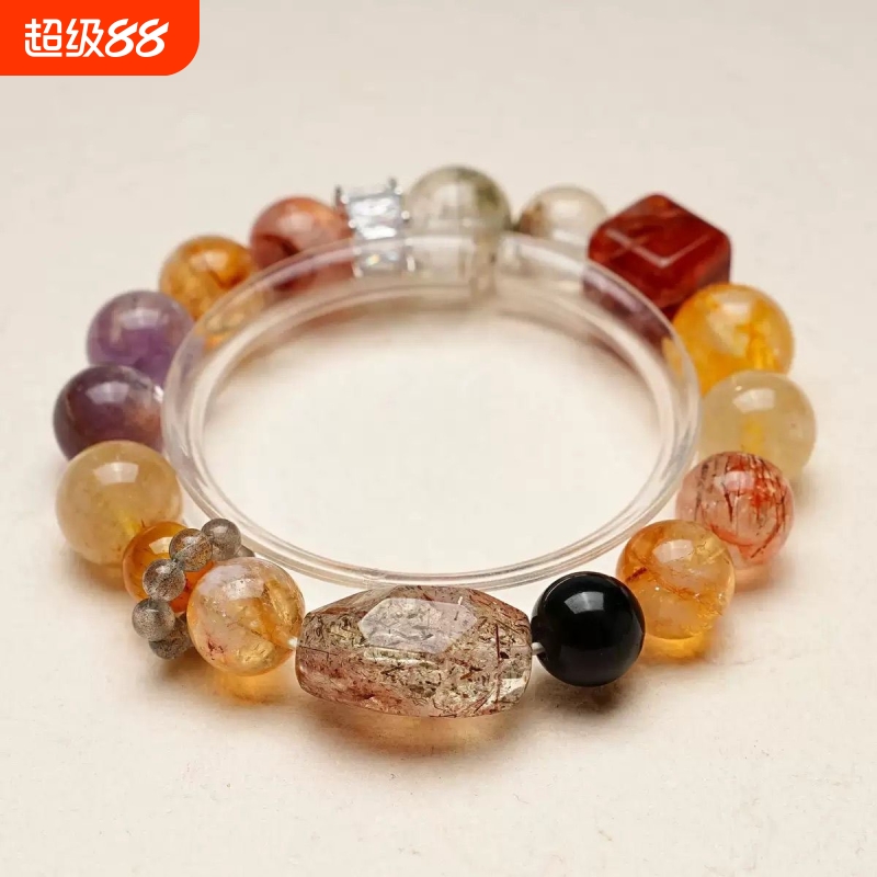 高货天然金发晶紫兔毛水晶手串女款绿幽灵黑金超七灰月光手链