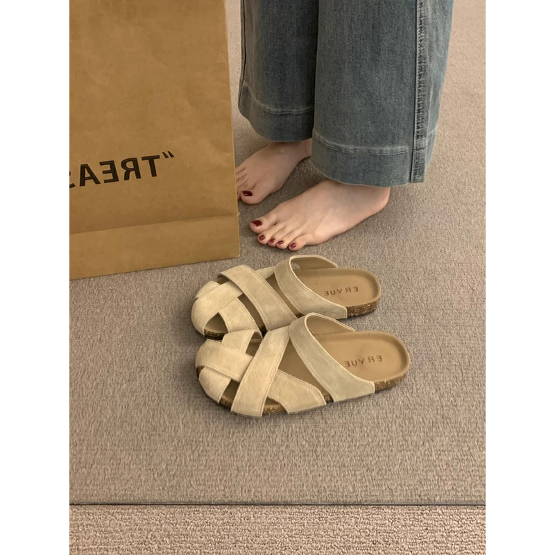 真皮版！镂空厚底软木勃肯鞋包头半拖鞋女夏季外穿沙滩罗马凉拖鞋