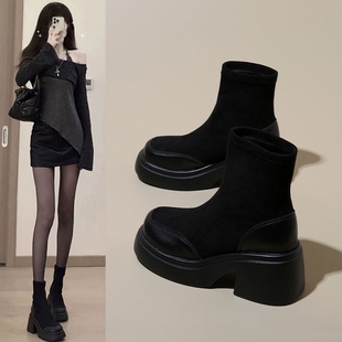 马丁靴女2025秋冬显瘦增高厚底短靴弹力瘦瘦靴加绒女鞋子黑色高跟
