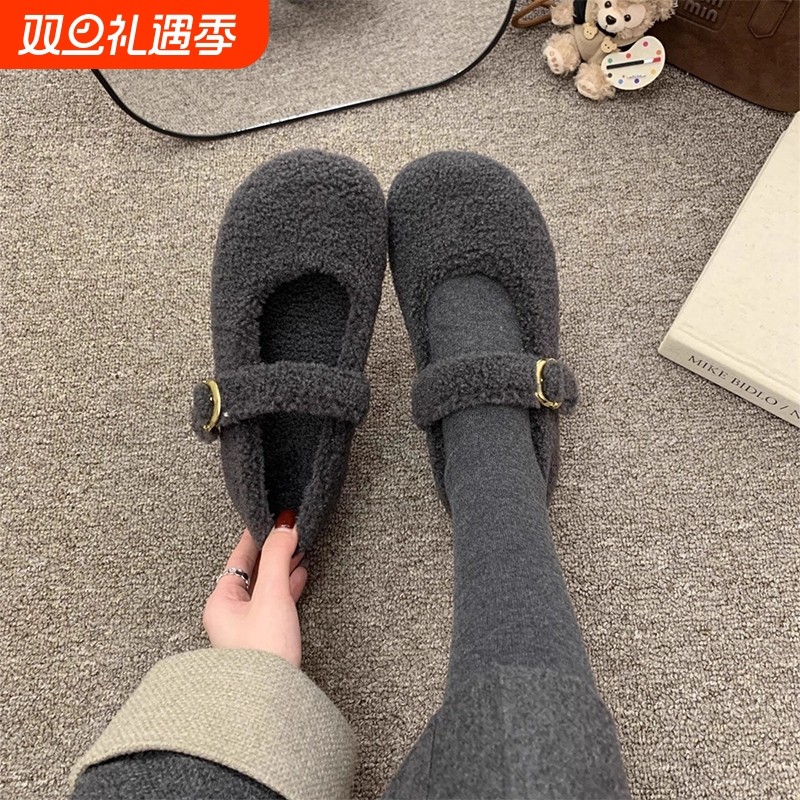 灰色玛丽珍毛毛鞋女冬外穿新款呢子单鞋女平底加绒鞋子浅口圆头