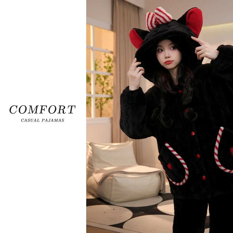 冬季款三层夹棉睡衣女加绒保暖雪花绒可外穿加厚家居服套装珊瑚绒