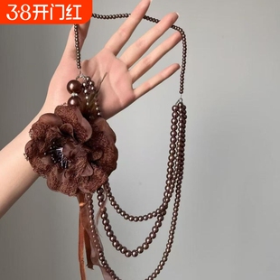 复古仿珍珠蕾丝花项链女生长款三层骨链氛围感毛衣链多层颈链花朵